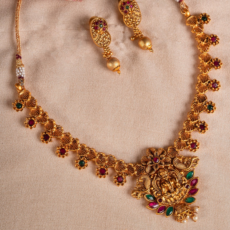 Gold-Plated Red Green Handcrafted Temple Short Necklace