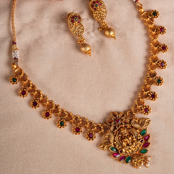 Gold-Plated Red Green Handcrafted Temple Short Necklace