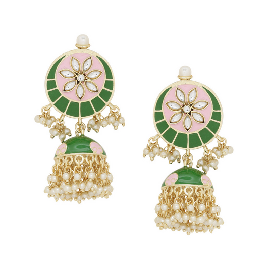 Green  Gold-Plated Enamel Pearl Jhumkas