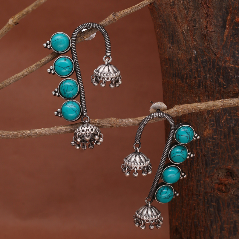 Turquoise Blue Silver-Plated Oxidised Contemporary Drop Earrings