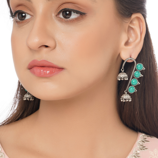 Turquoise Blue Silver-Plated Oxidised Contemporary Drop Earrings