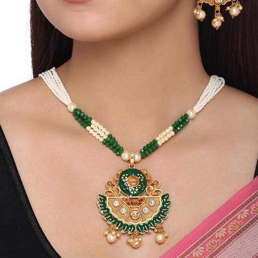 Gold-Plated White Green Beaded Long Necklace