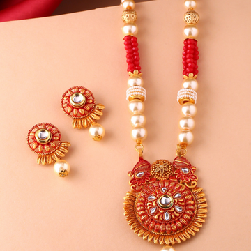 Gold-Plated White Red Beaded Long Necklace
