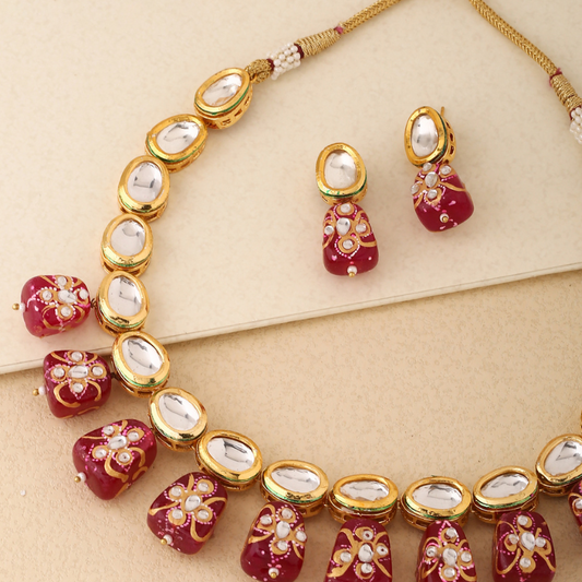 Gold-Plated Maroon Kundan Tanjore Short Necklace