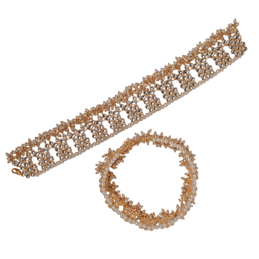 Set Of 2 Gold-Plated Bridal Kundan Studded Anklets