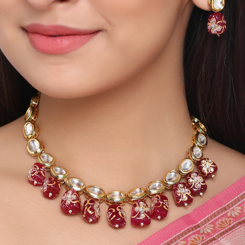 Gold-Plated Maroon Kundan Tanjore Short Necklace