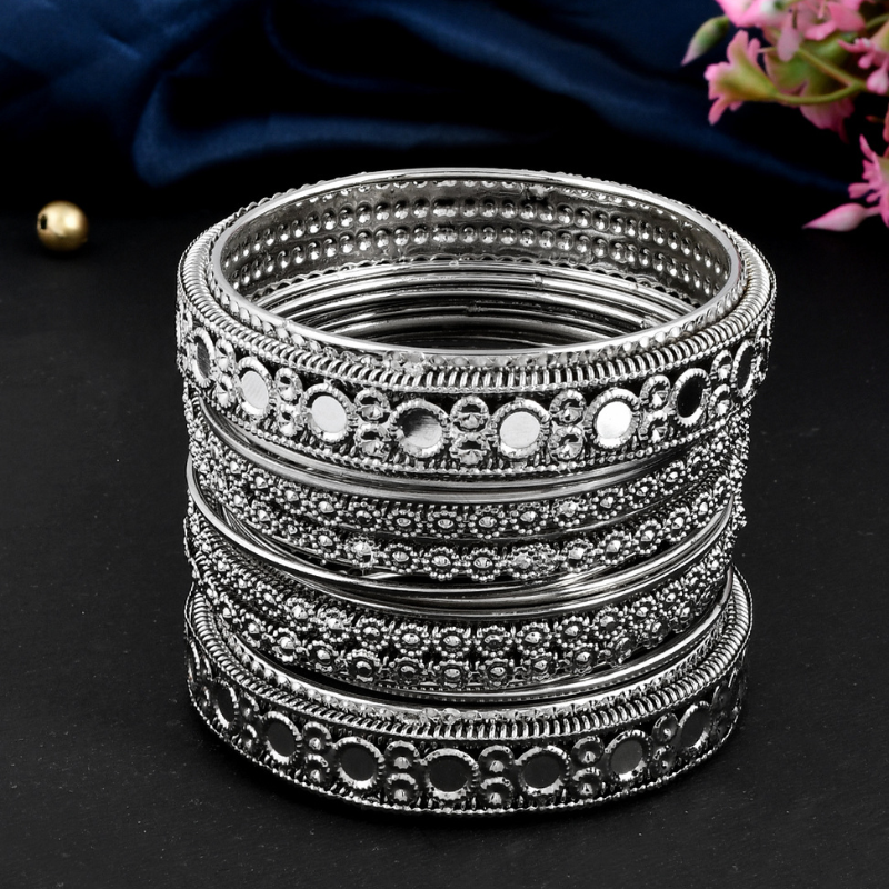 Set Of 16 Silver-Plated Mirror Studded Bangles