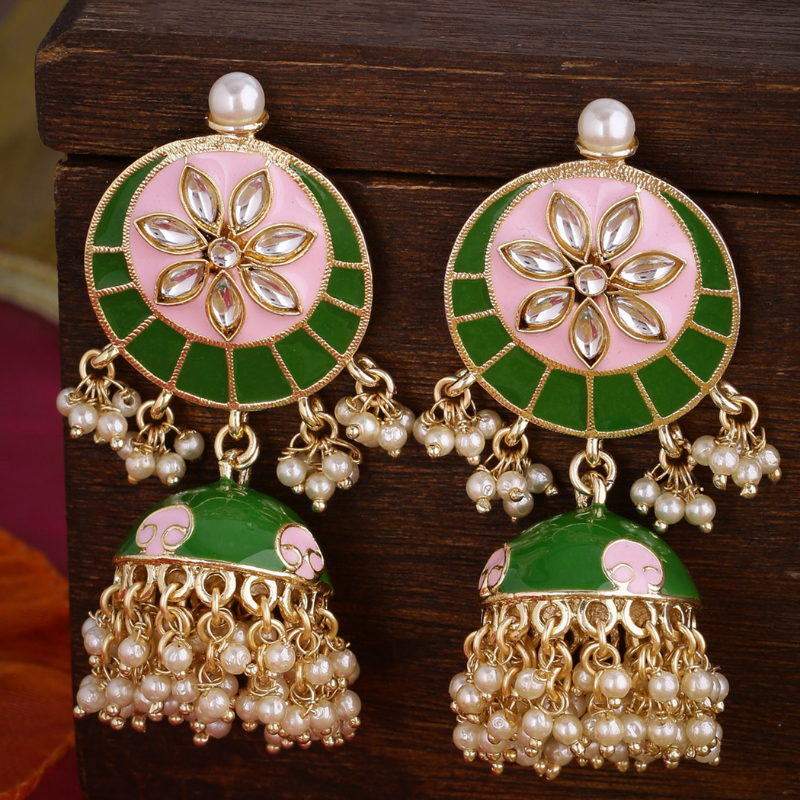 Green  Gold-Plated Enamel Pearl Jhumkas