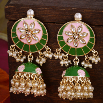 Green  Gold-Plated Enamel Pearl Jhumkas