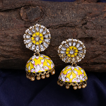 Yellow Gold Plated Kundan Jhumkas