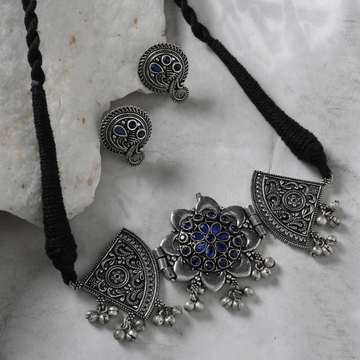 Oxidised Silver-Plated Blue Stone Choker