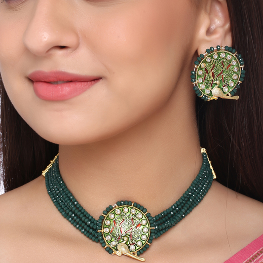 Gold-Plated Green Onyx Meenakari Choker