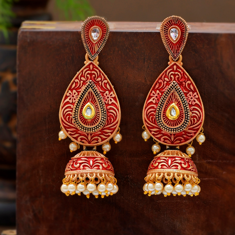 Red Gold-Toned Kundan Jhumkas