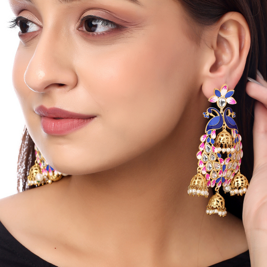 Blue Gold plated Peacock pattern Jhumkas