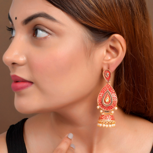 Red Gold-Toned Kundan Jhumkas