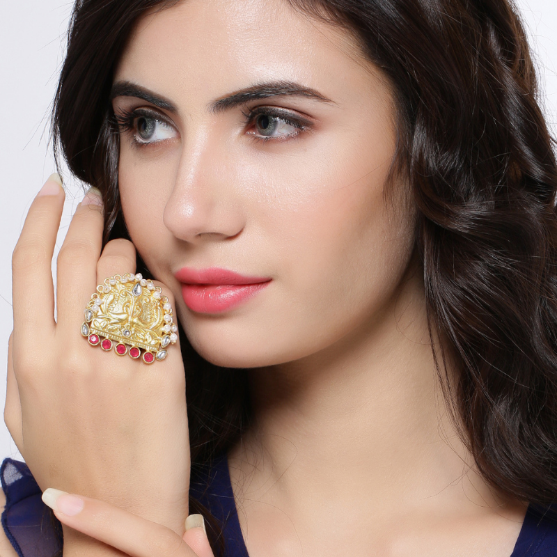 Gold-Plated Red Kundan Studded Peacock Rings