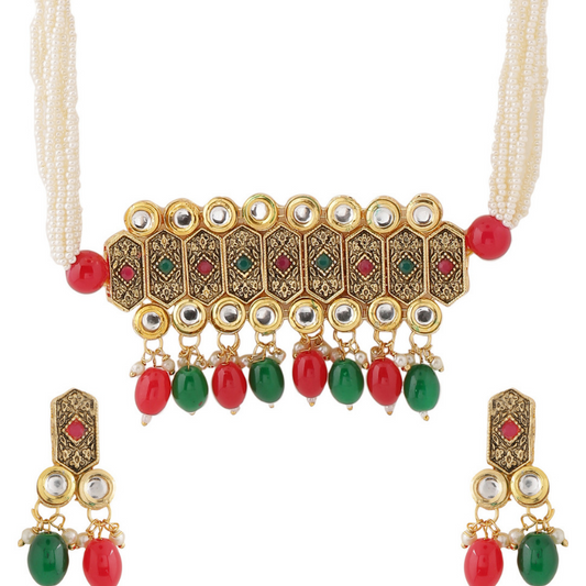 Gold-Plated Red Green Kundan Choker