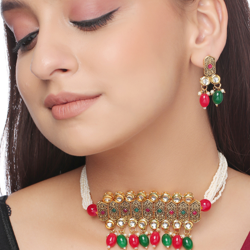 Gold-Plated Red Green Kundan Choker