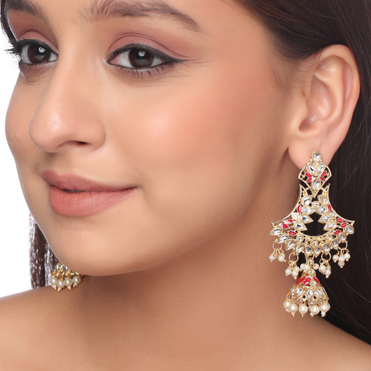 Red Gold-Plated Kundan Jhumkas