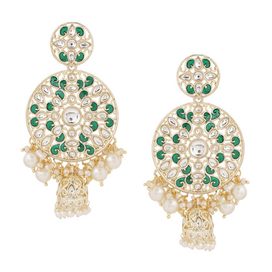 Green Gold-Plated Kundan Jhumki Drop Earrings