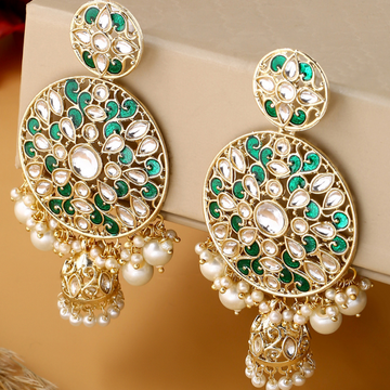 Green Gold-Plated Kundan Jhumki Drop Earrings