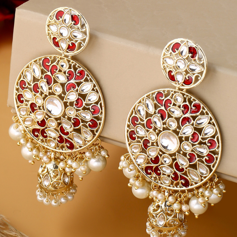 Red Gold-Plated Kundan Jhumki Drop Earrings