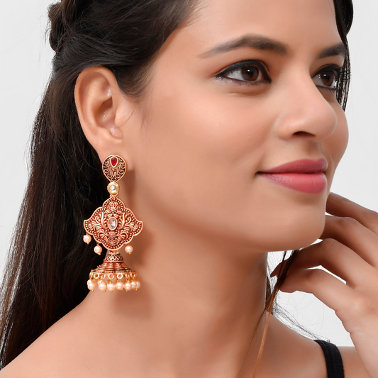 Maroon Gold-Plated Kundan Jhumkas