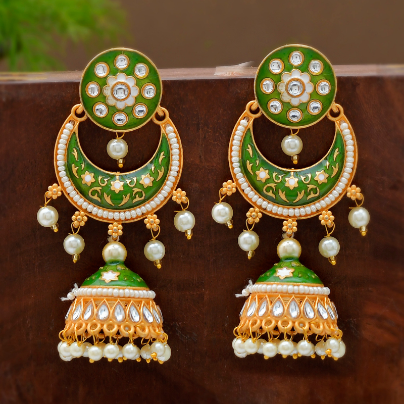 Green Gold-Plated Kundan Jhumkas