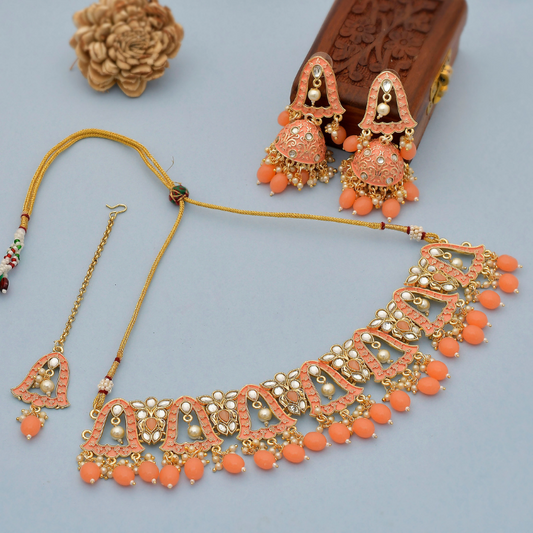 Peach Gold Plated Bridal  Short Necklace