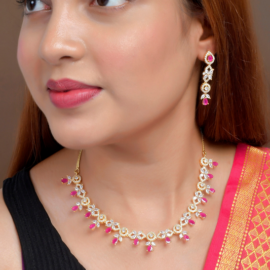 Gold-Plated Magenta Pink AD Diamond look Short Necklace