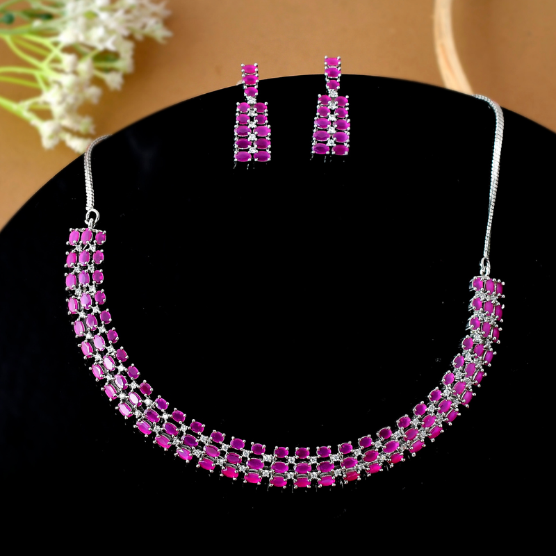 Silver-Plated Magenta Pink AD Diamond look Short Necklace