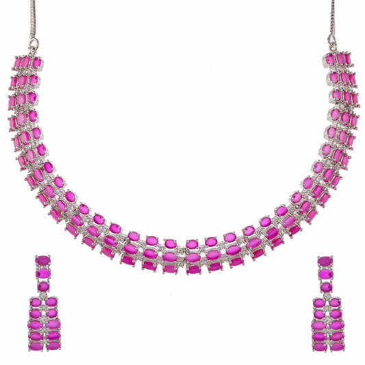 Silver-Plated Magenta Pink AD Diamond look Short Necklace