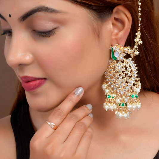 Gold-Plated Green Handcrafted Kundan Drop Earrings