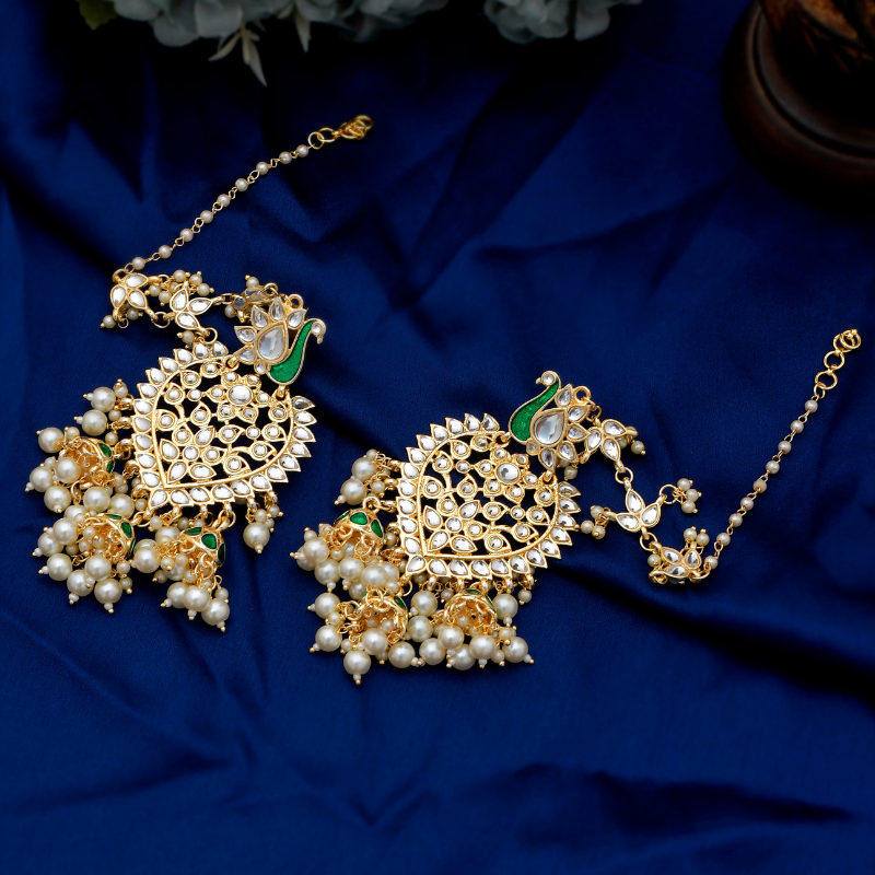 Gold-Plated Green Handcrafted Kundan Drop Earrings