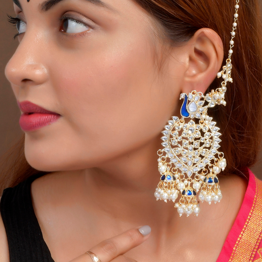 Gold-Plated Blue Handcrafted Kundan Drop Earrings