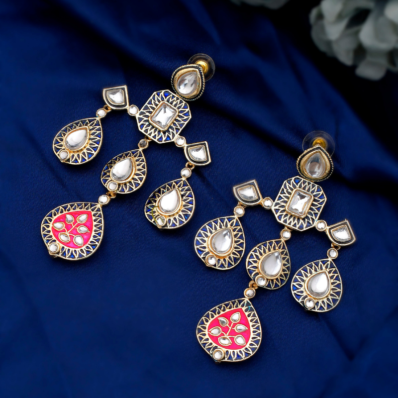 Gold-Plated Pink Enamel Drop Earrings