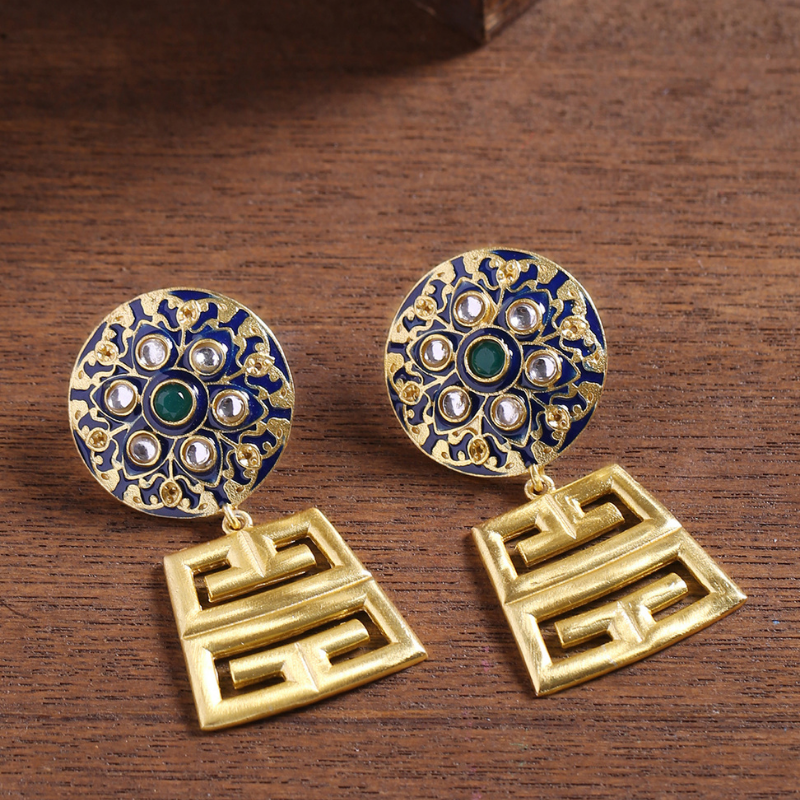 Gold-Plated  Blue Enamel Drop Earrings