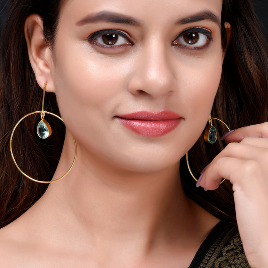 Gold-Plated  Green Circular Drop Earrings