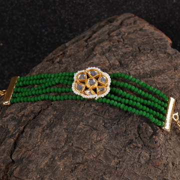 Gold plated Green beads Kundan Bracelet