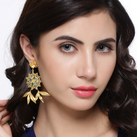Green  Gold-Plated Leaf Shaped Drop Earrings