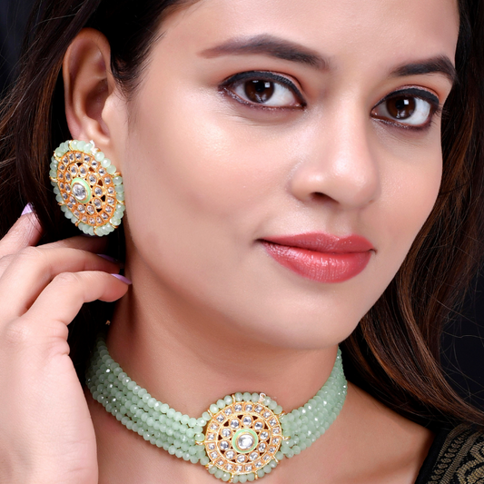 Lime Green Gold Plated Kundan Onyx Choker