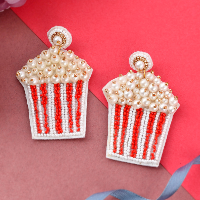 Popcorn Red White Funky Fabric Contemporary Drop Earrings