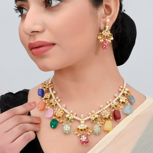 Gold Plated Multi color Stones Kundan Short Necklace