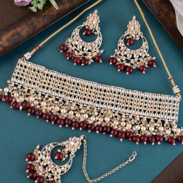 Gold-Plated Maroon Bridal Kundan Choker