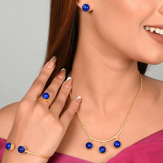Set of 4 Gold-Plated Blue Stone Studded Long Necklace