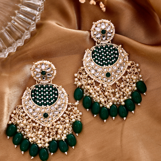 Shoshaa Gold-Plated Green Kundan & Beaded Chandbalis