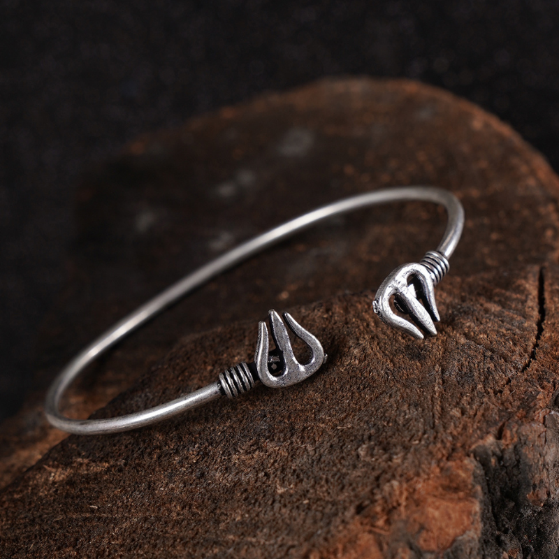 Silver-Plated Oxidised Trishul Cuff Bracelet