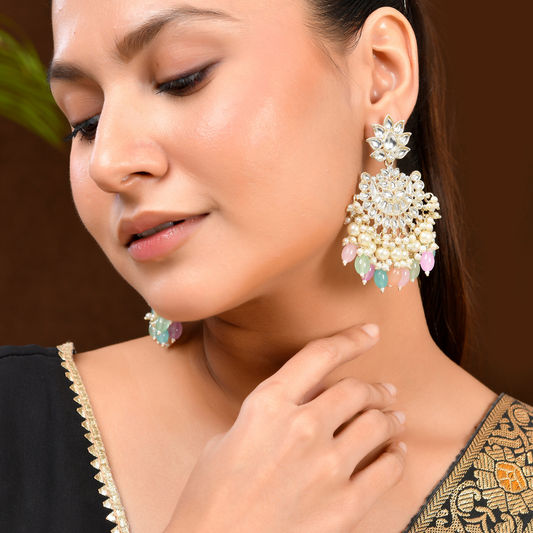 Shoshaa Gold-PlatedKundan & Multicolored Beaded Stones Chandbalis