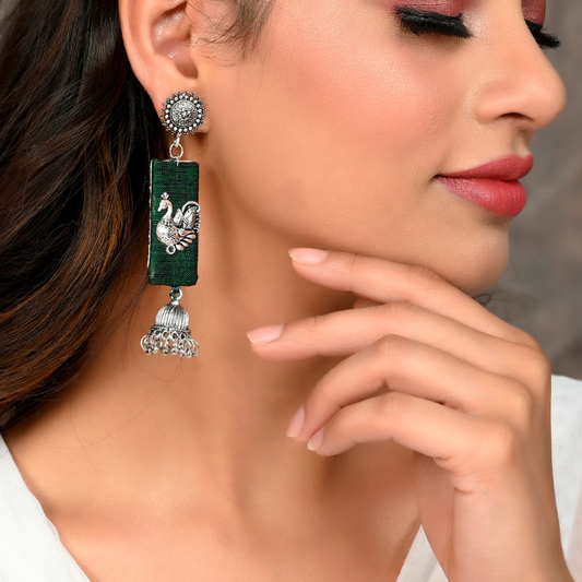 Green Fabric Contemporary Drop Earrings