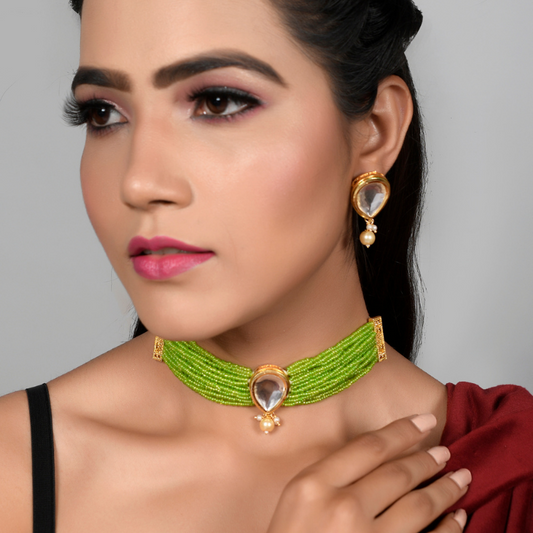 Gold-Plated Green Beaded Onyx Choker
